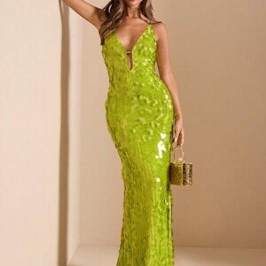 Green Party Women's Deep V-Neck Hollow Lace-Up Slim Fit Luxury Sequin Dress